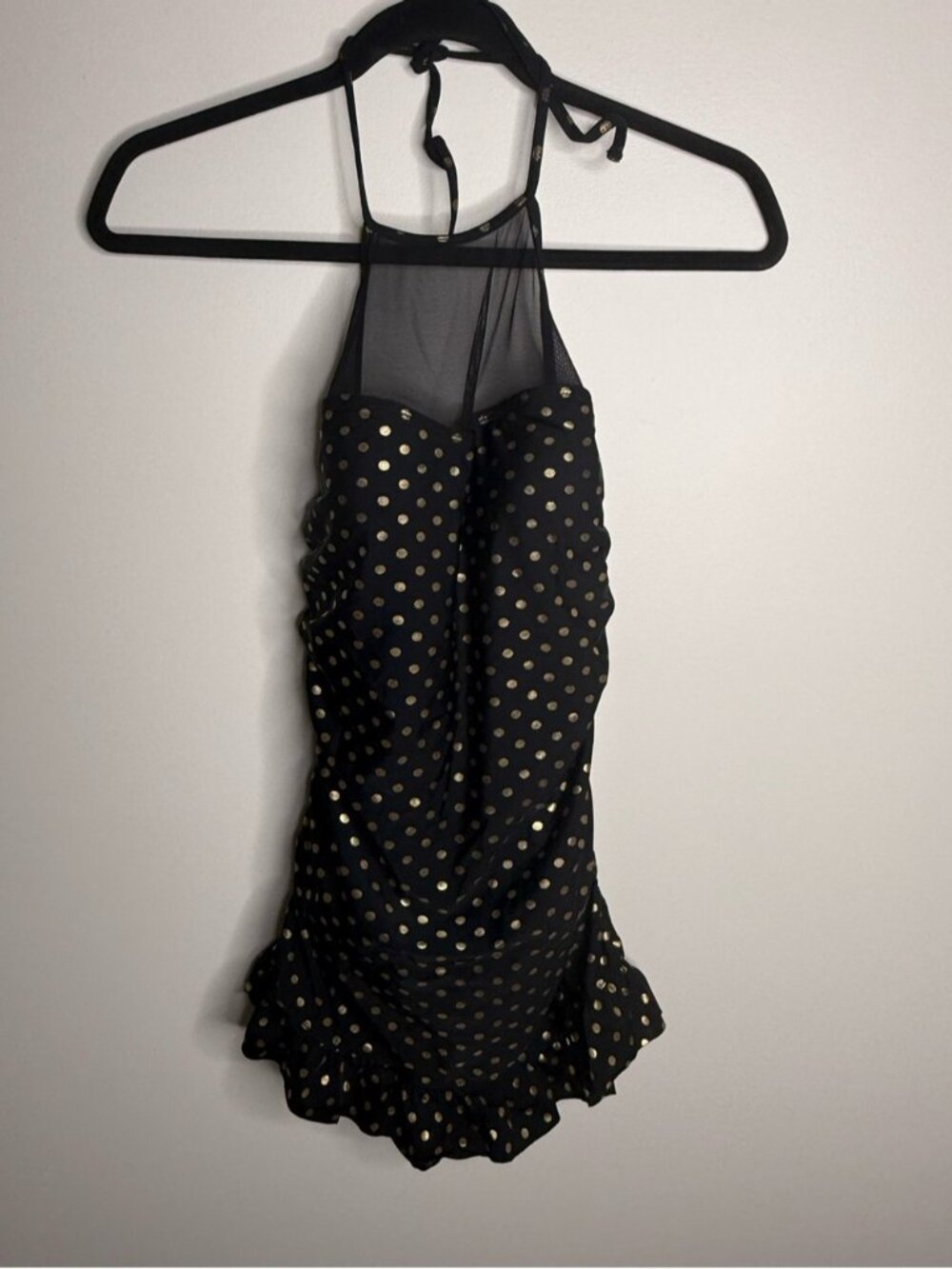 Betsey Johnson Black Halter one piece swimsuit with Gold Polka Dots size small
